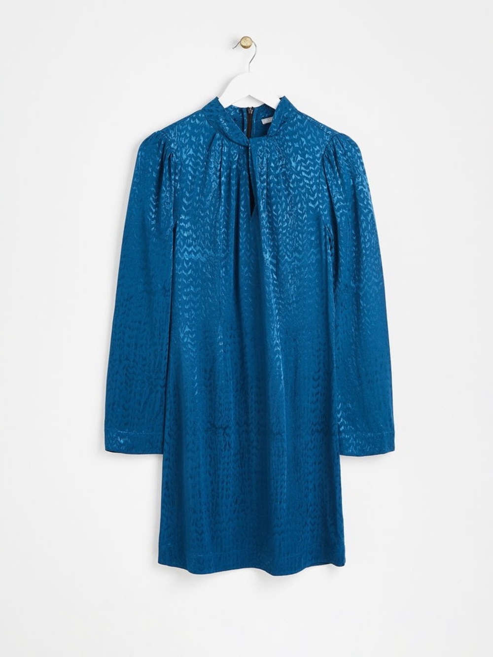 Long-Sleeve Teal Shift Dress with Subtle Texture